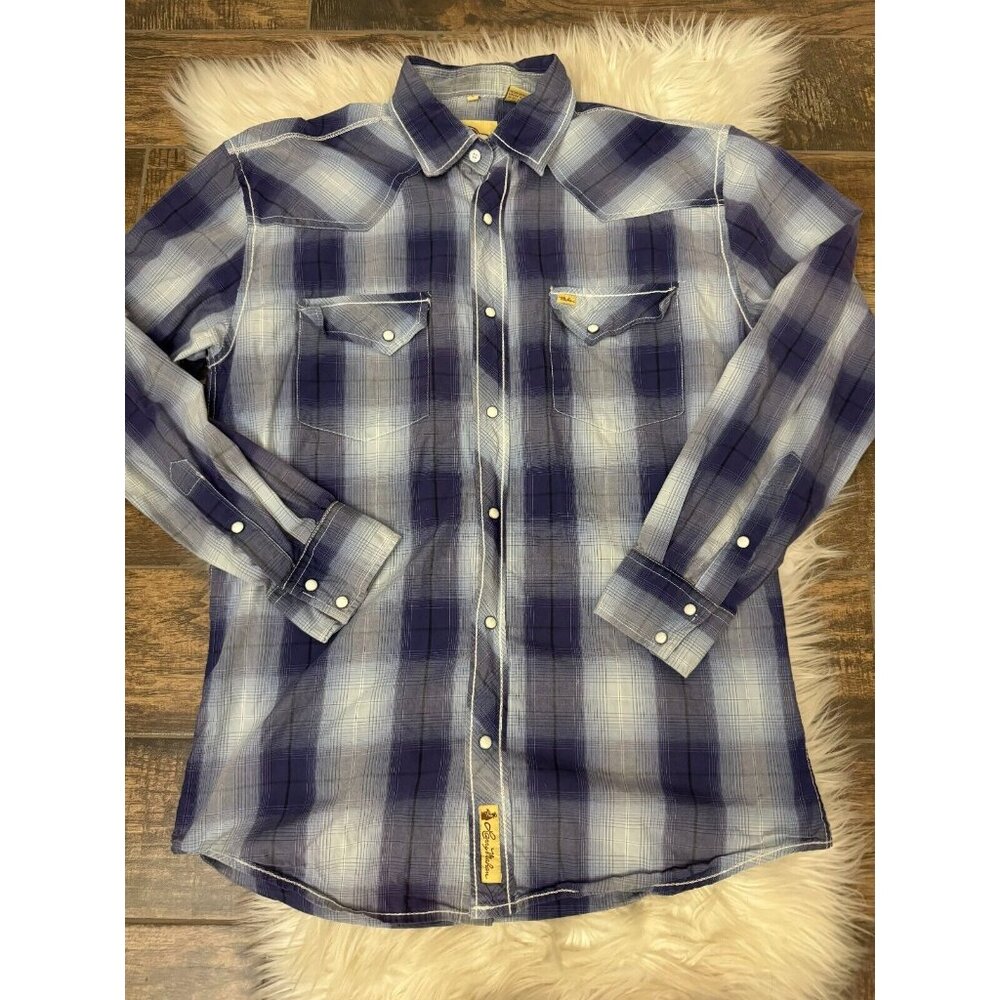 Larry‎ Mahan Pearl Snap Shirt Mens L Blue White Plaid Button Up Long Sleeve